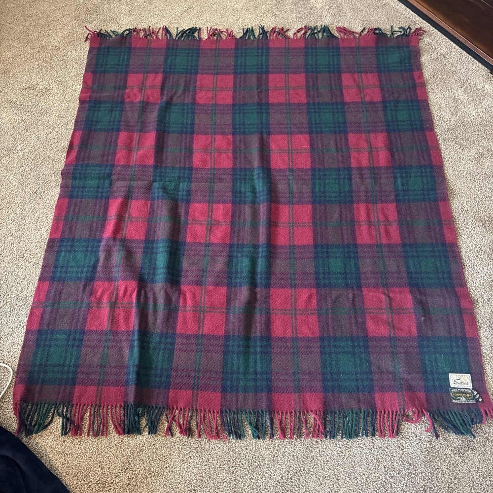 Connemara Foxford Wool Throw Blanket Ireland Red Green Tartan Plaid VTG 55 x 62